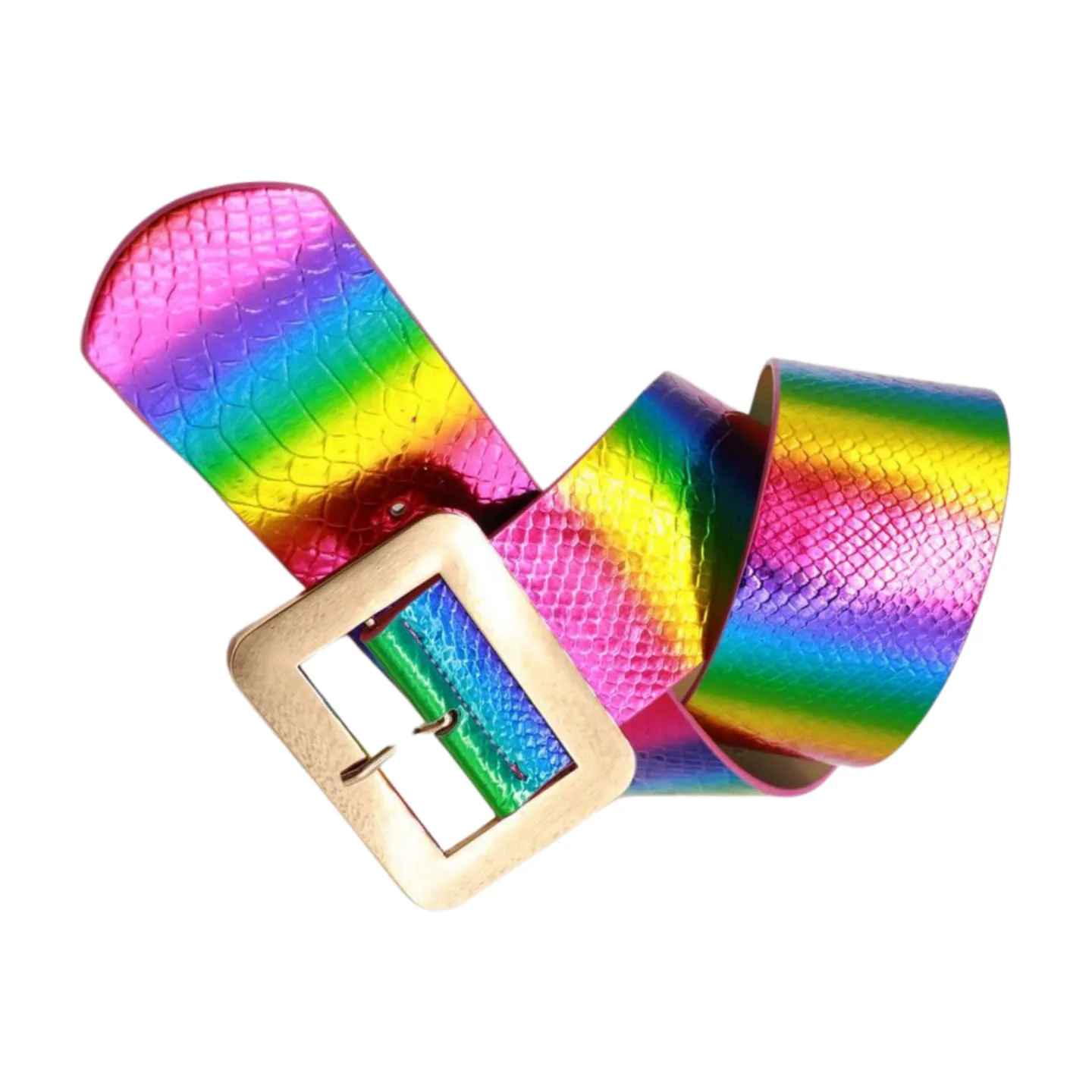 Women Rainbow Colors Wide Belt Gold Metal Square Buckle S M