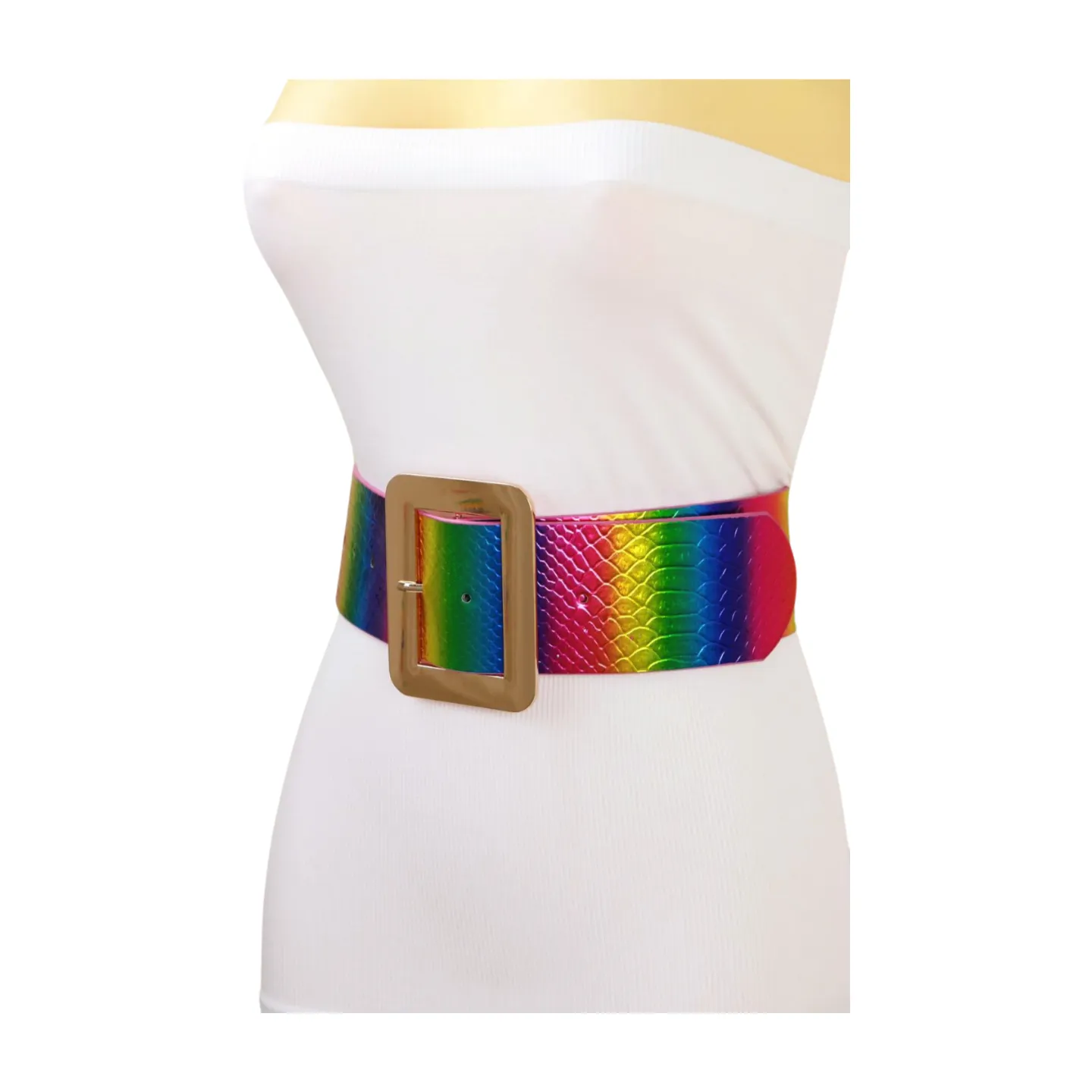 Women Rainbow Colors Wide Belt Gold Metal Square Buckle S M