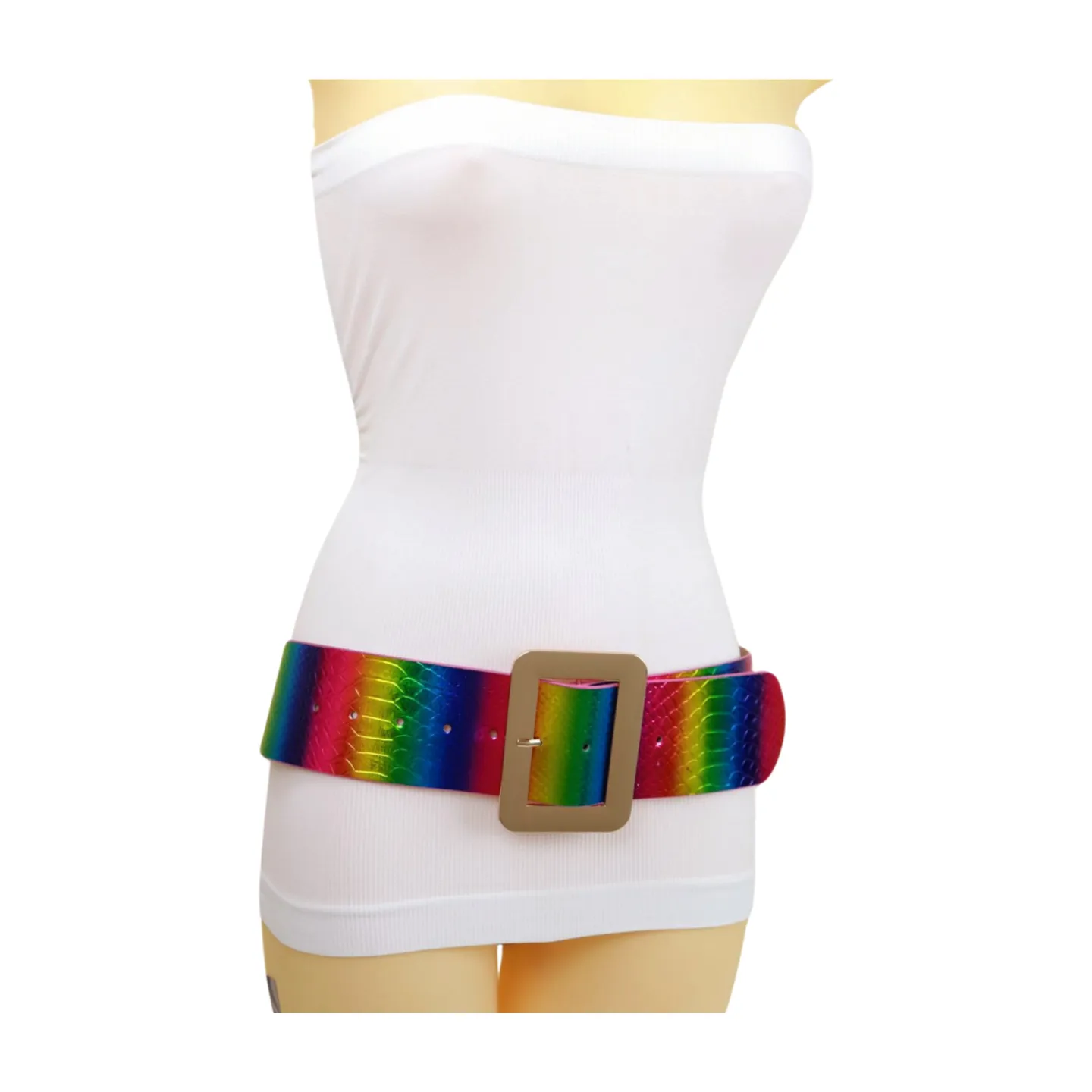 Women Rainbow Colors Wide Belt Gold Metal Square Buckle S M