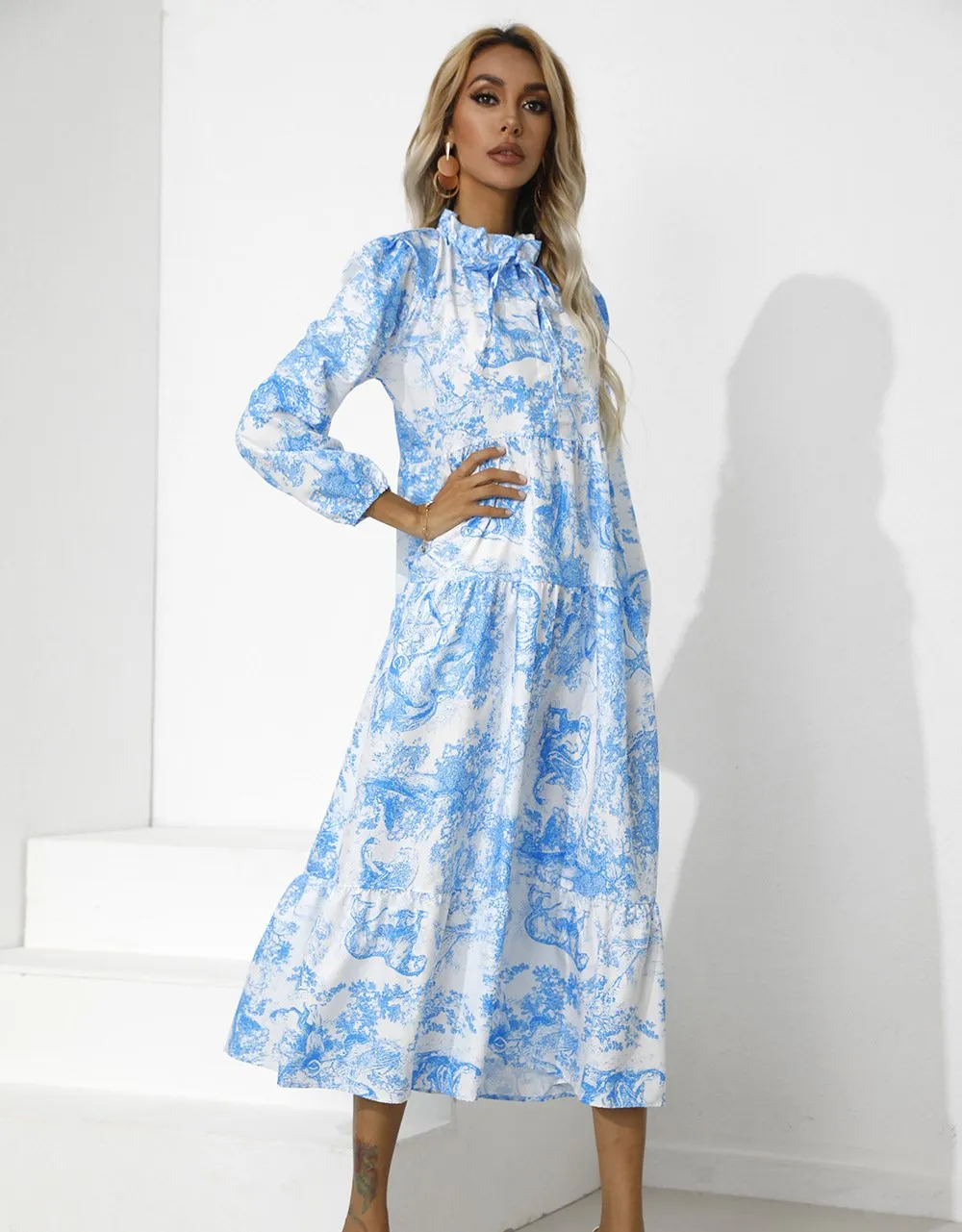 Women Round Neck Loose Fall Long Dresses