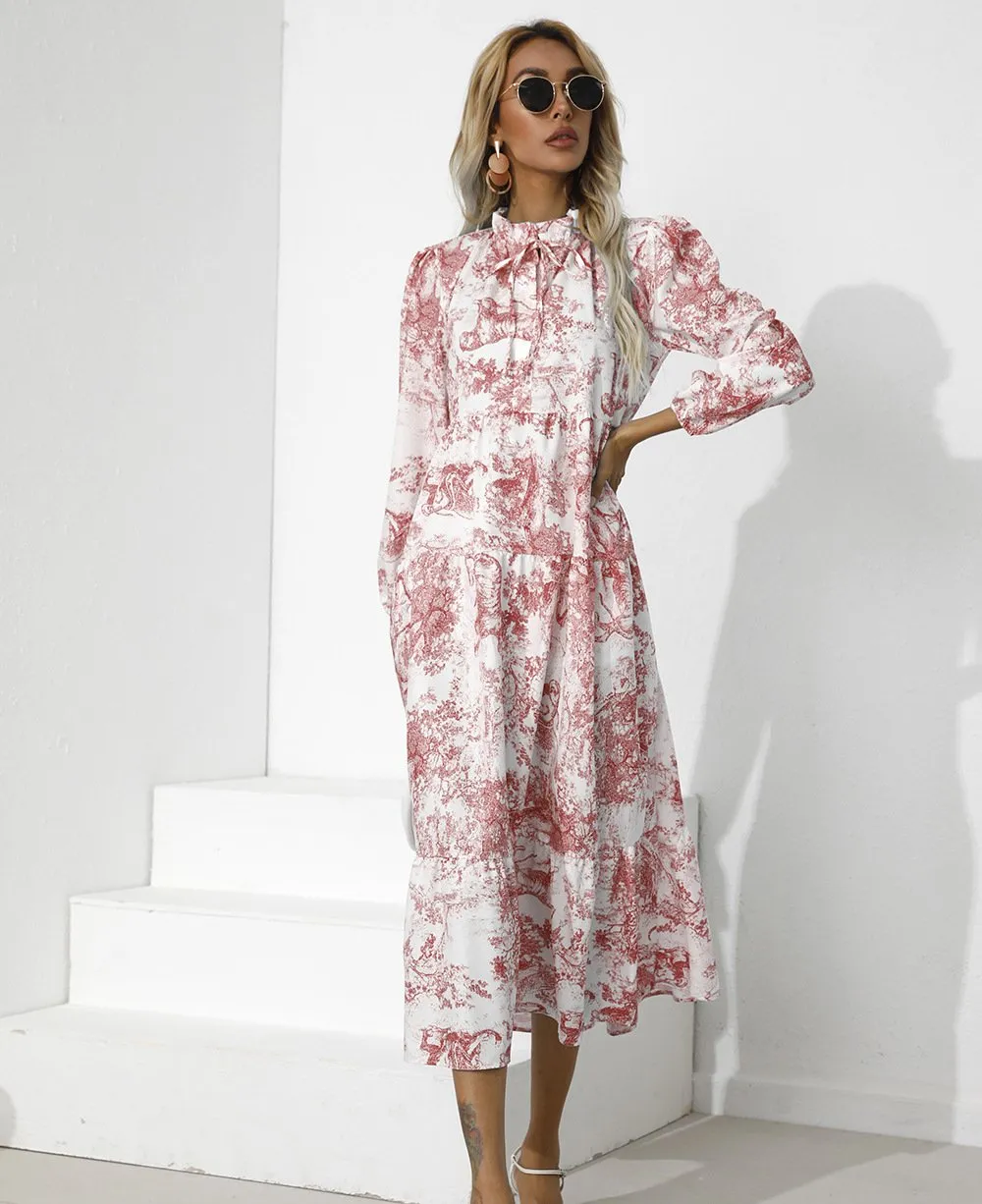 Women Round Neck Loose Fall Long Dresses