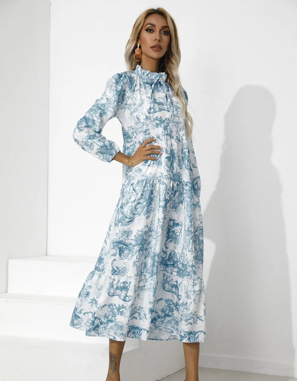 Women Round Neck Loose Fall Long Dresses