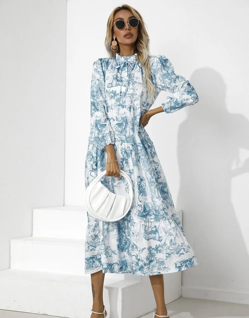 Women Round Neck Loose Fall Long Dresses