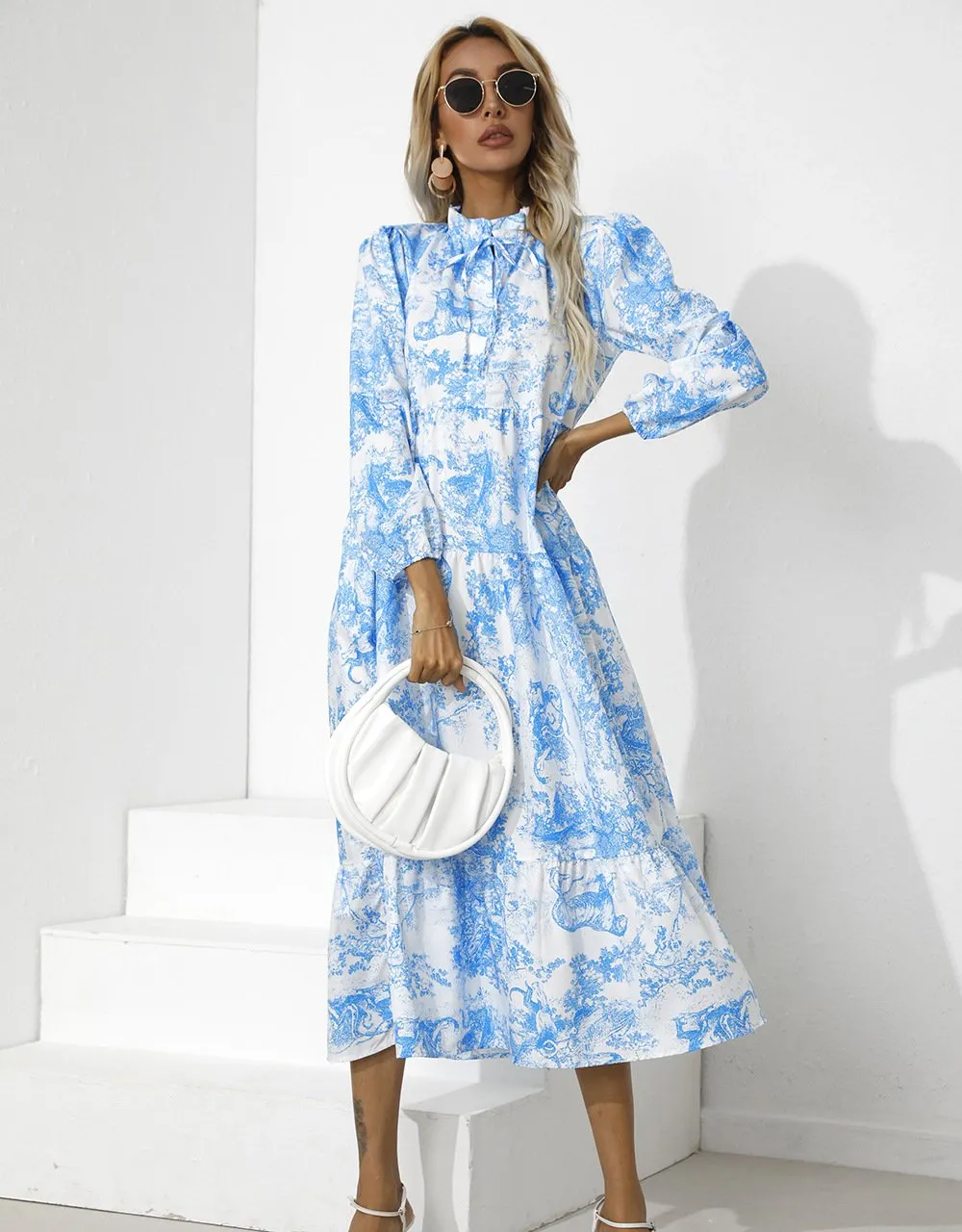 Women Round Neck Loose Fall Long Dresses