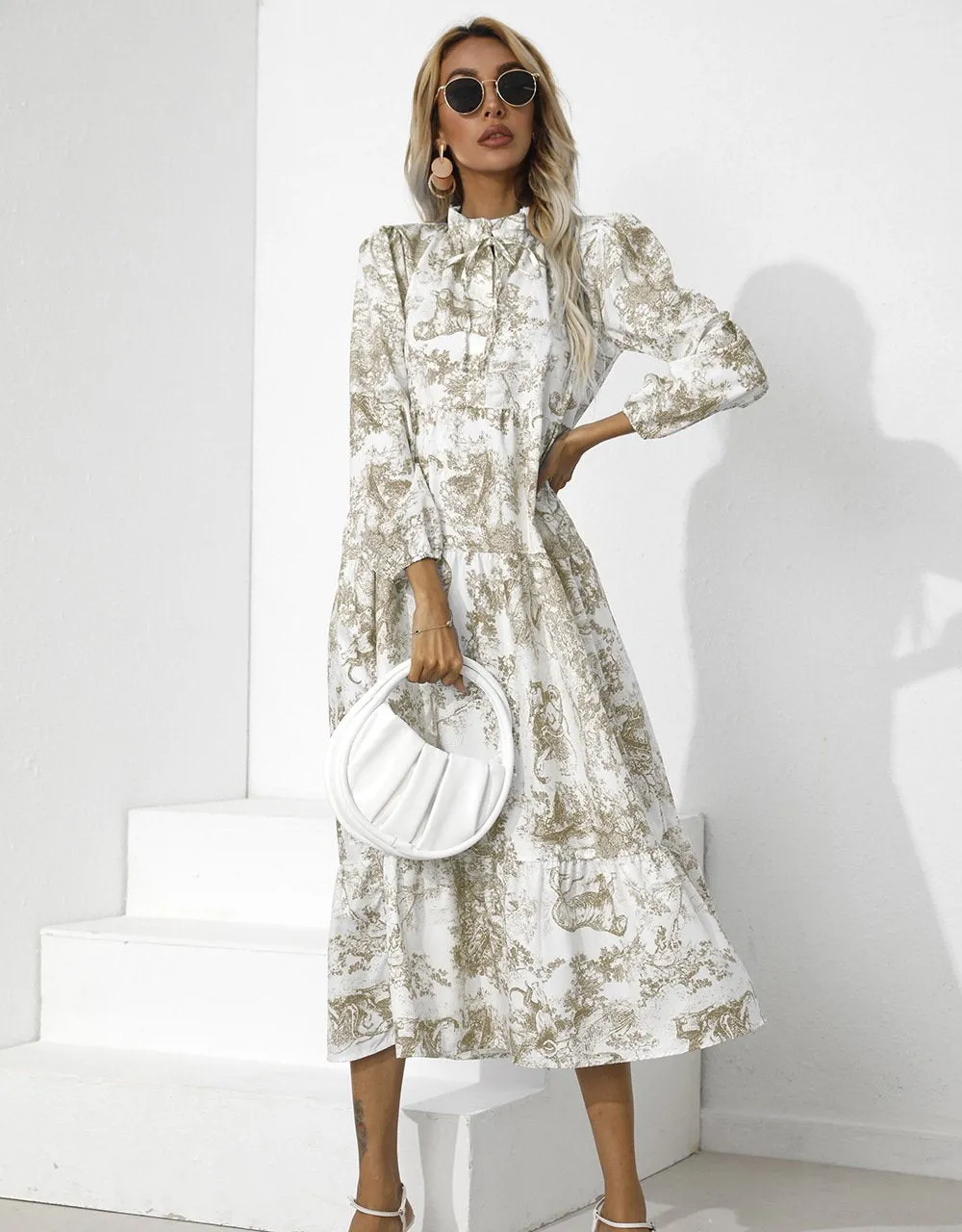 Women Round Neck Loose Fall Long Dresses