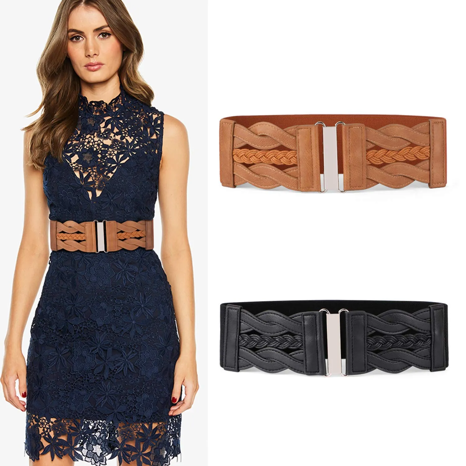 Women Stretchy Vintage Dress Belt Elastic Retro Wide Waist Cinch Belt by JASGOOD