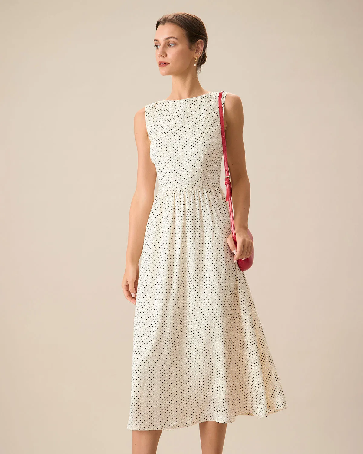 Women's Beige Polka Dot Sleeveless Midi Dress