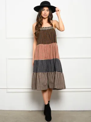 WOMEN'S COLOR BLOCK PLAID MIDI DRESS