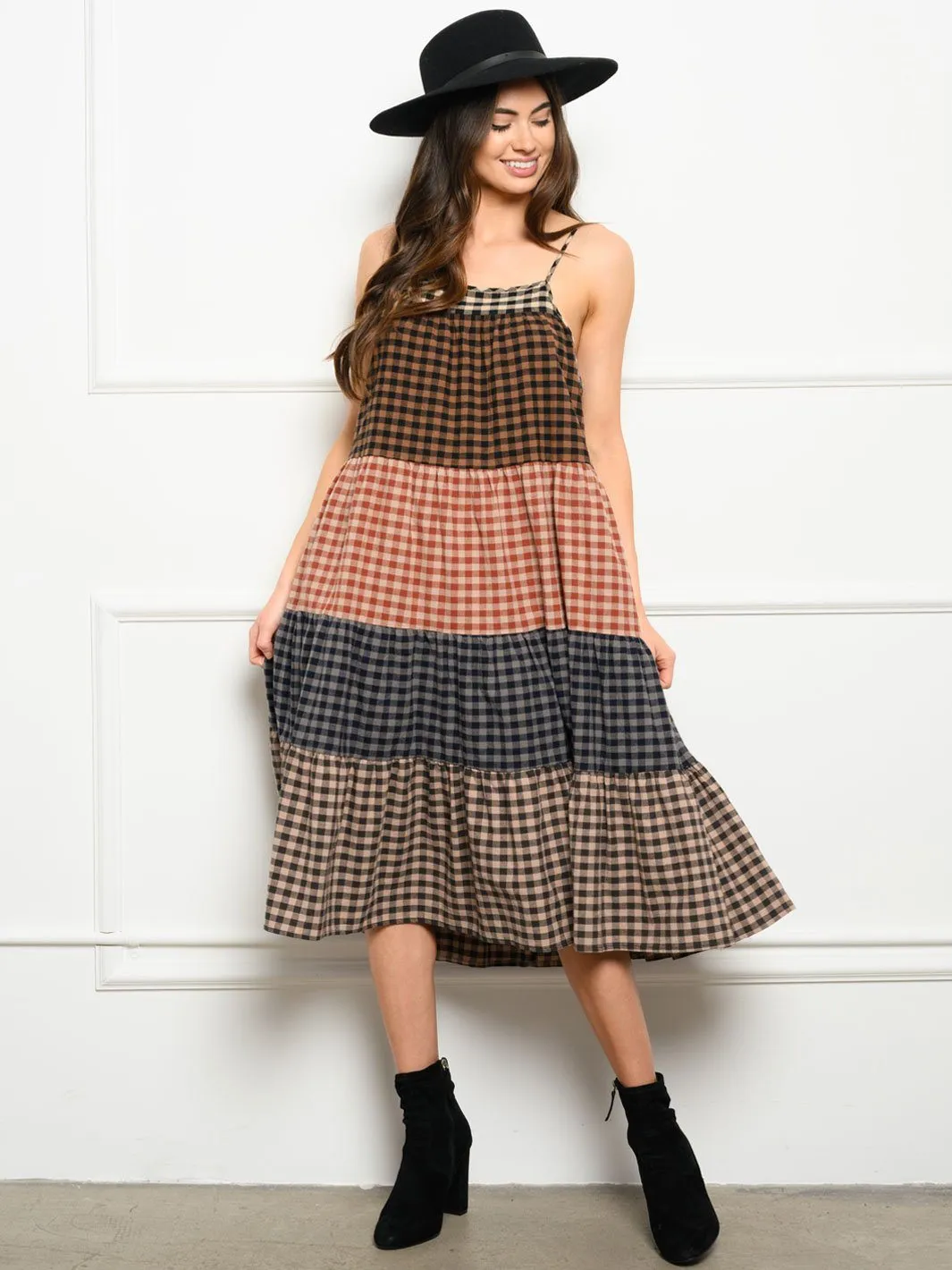 WOMEN'S COLOR BLOCK PLAID MIDI DRESS