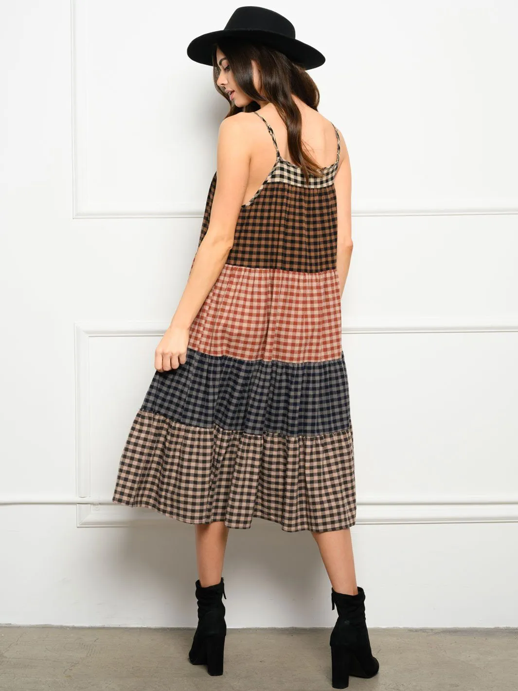 WOMEN'S COLOR BLOCK PLAID MIDI DRESS