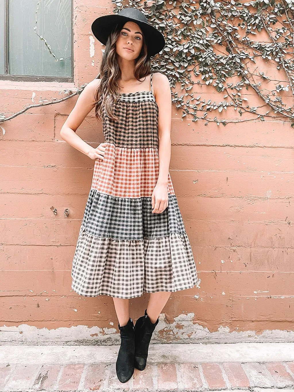 WOMEN'S COLOR BLOCK PLAID MIDI DRESS