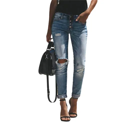 Women's High Waist Ripped Jeans Boyfriend Jeans Vintage Pencil Pants