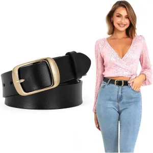 Womens Leather Belt with Gold Pin Buckle for Jeans and Pants width 1.3"