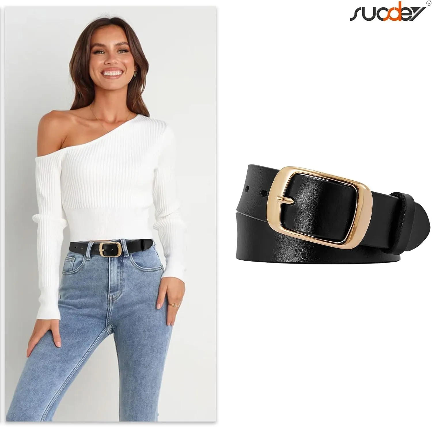 Womens Leather Belt with Gold Pin Buckle for Jeans and Pants width 1.3"