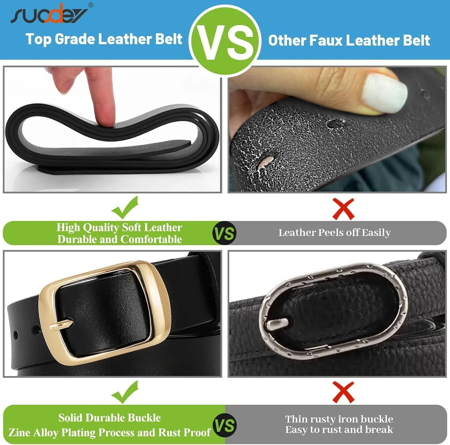 Womens Leather Belt with Gold Pin Buckle for Jeans and Pants width 1.3"