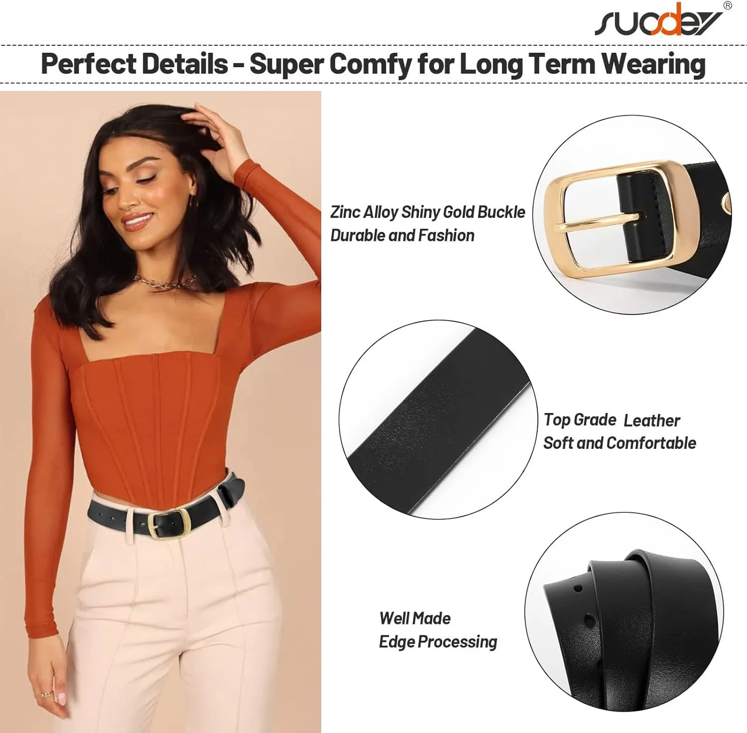 Womens Leather Belt with Gold Pin Buckle for Jeans and Pants width 1.3"