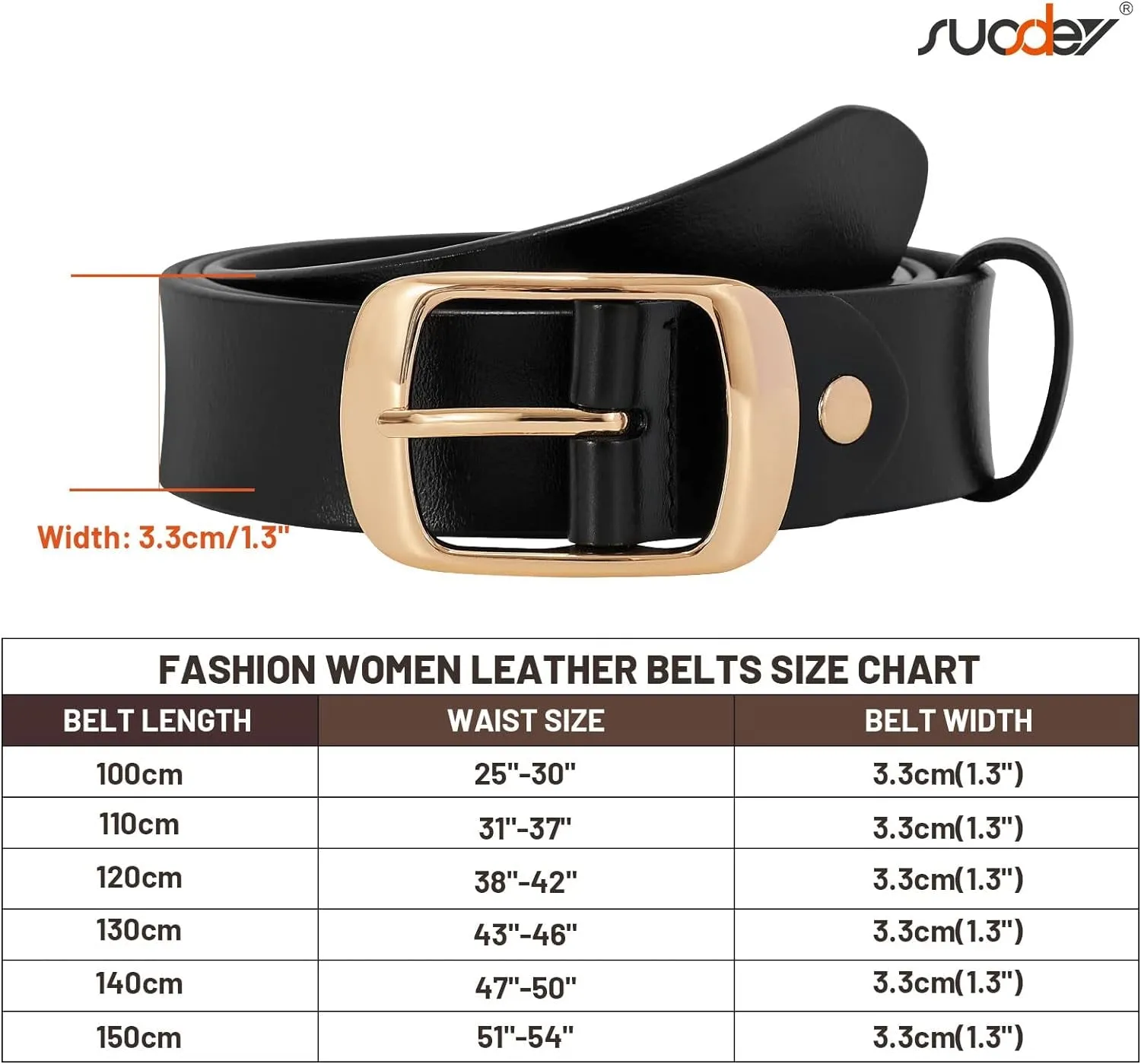 Womens Leather Belt with Gold Pin Buckle for Jeans and Pants width 1.3"
