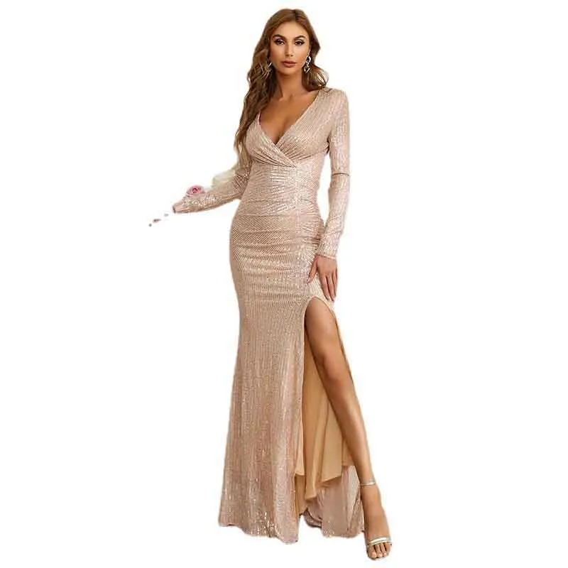 Women's Long Sleeveless Champagne Floor Length Evening Party Maxi Dress