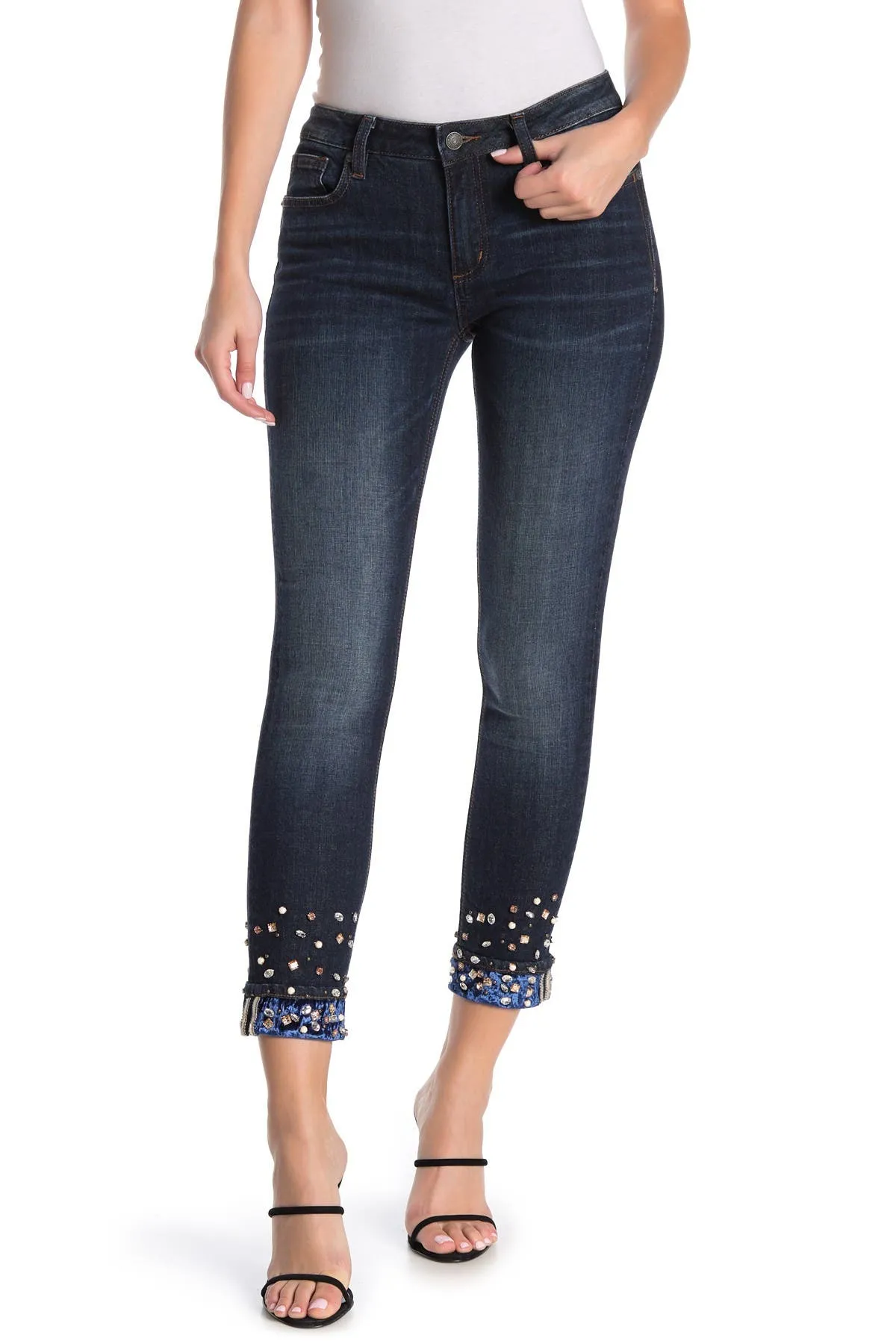 Women's Miss Me | Blue Velvet Cuffed Ankle Skinny Jeans | Dark Blue