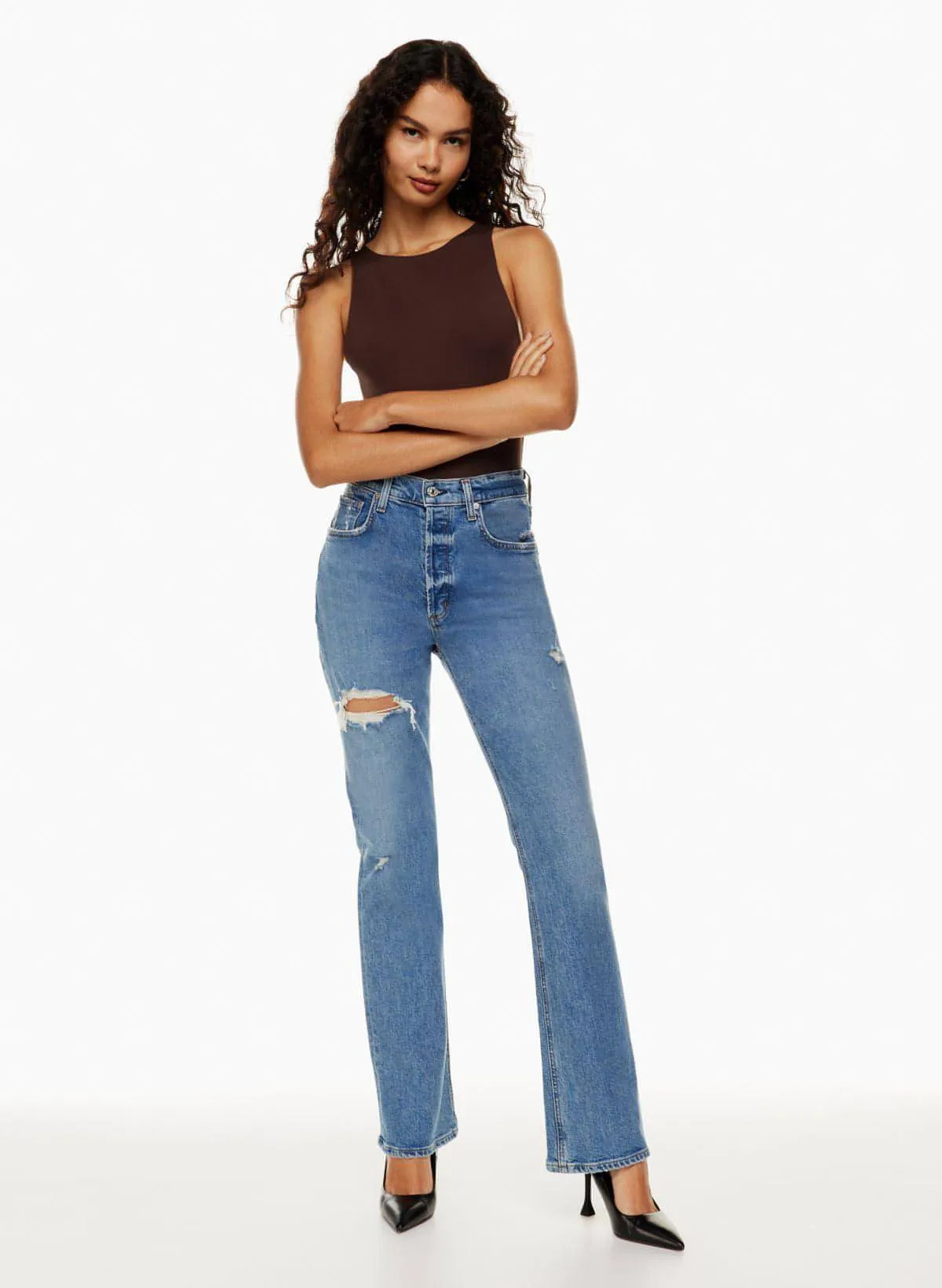 Women's New Fashion Jeans High Waist Ripped Slimming Straight-leg