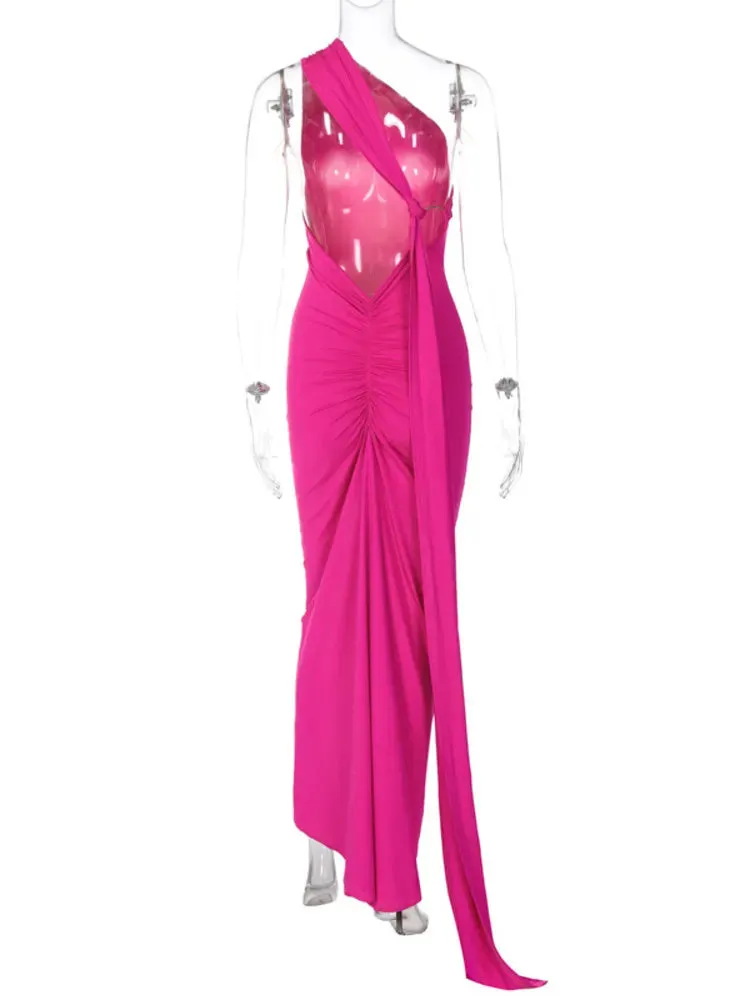 Women's Oblique One Shoulder Backless Maxi Dress Summer Spring Gown Back Strap Sleeveless Ruched Party Sexy Long Dress