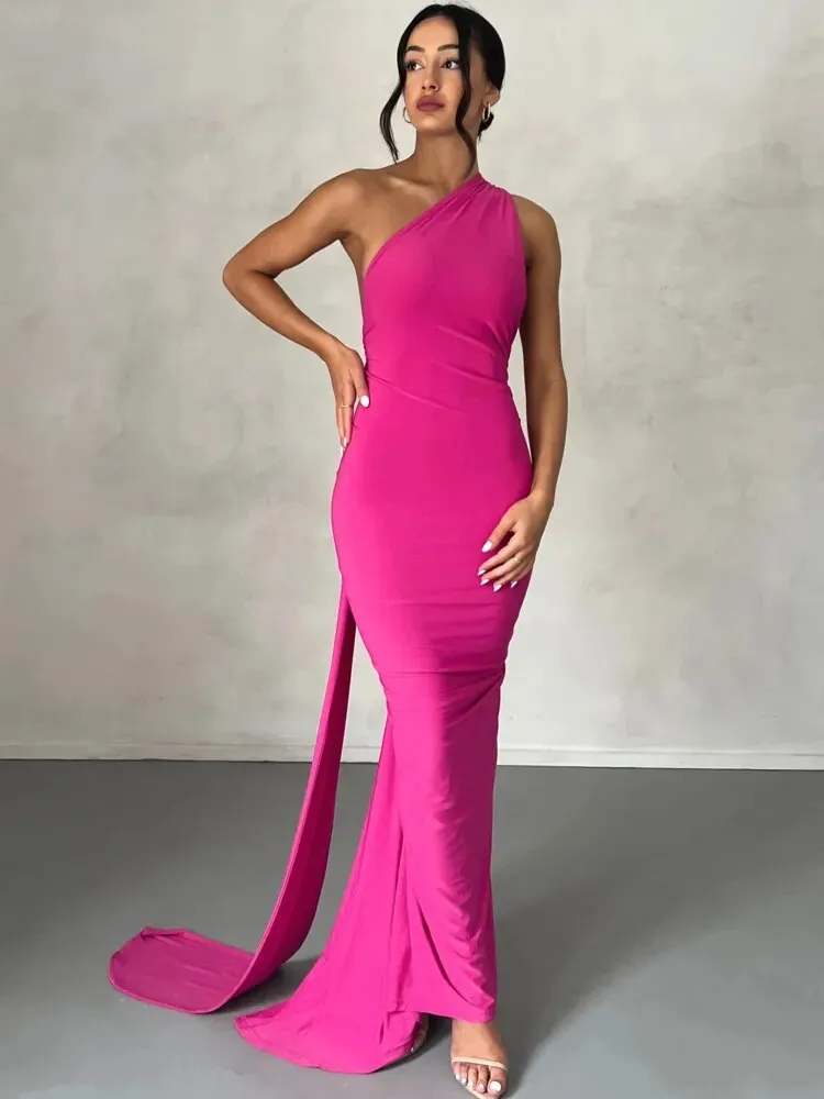 Women's Oblique One Shoulder Backless Maxi Dress Summer Spring Gown Back Strap Sleeveless Ruched Party Sexy Long Dress