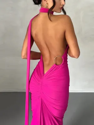 Women's Oblique One Shoulder Backless Maxi Dress Summer Spring Gown Back Strap Sleeveless Ruched Party Sexy Long Dress
