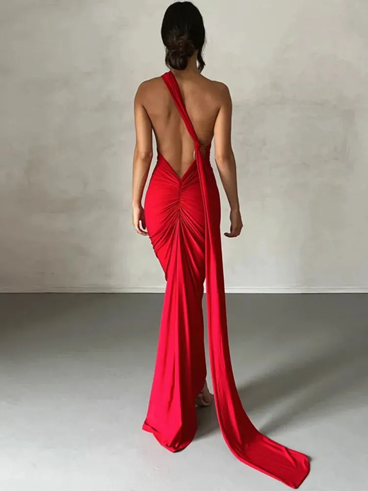 Women's Oblique One Shoulder Backless Maxi Dress Summer Spring Gown Back Strap Sleeveless Ruched Party Sexy Long Dress