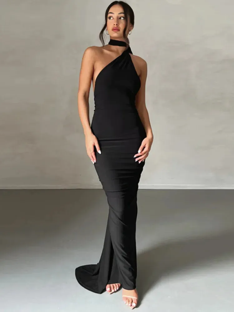 Women's Oblique One Shoulder Backless Maxi Dress Summer Spring Gown Back Strap Sleeveless Ruched Party Sexy Long Dress