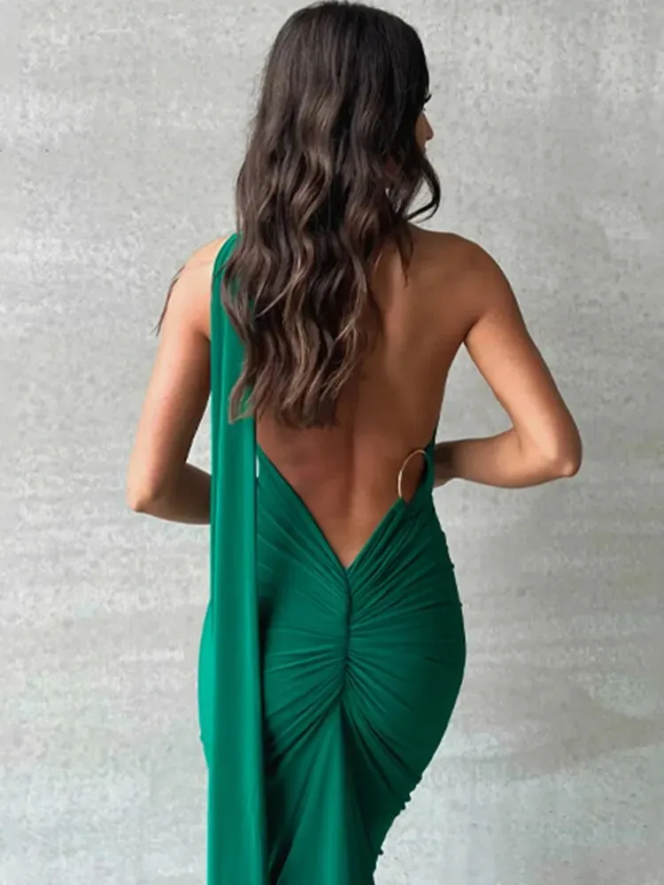 Women's Oblique One Shoulder Backless Maxi Dress Summer Spring Gown Back Strap Sleeveless Ruched Party Sexy Long Dress
