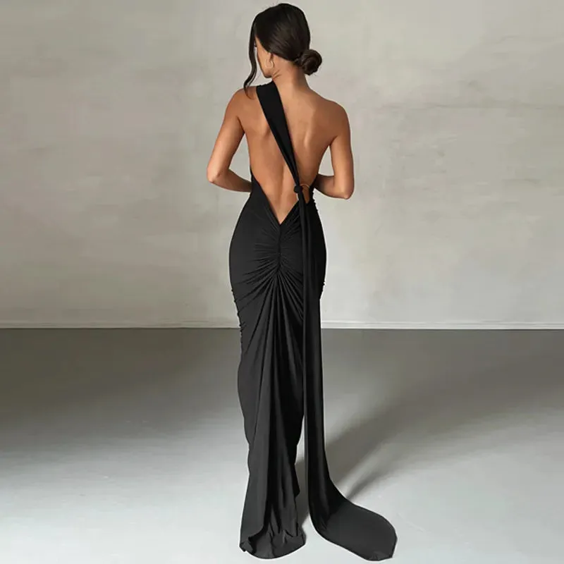 Women's Oblique One Shoulder Backless Maxi Dress Summer Spring Gown Back Strap Sleeveless Ruched Party Sexy Long Dress