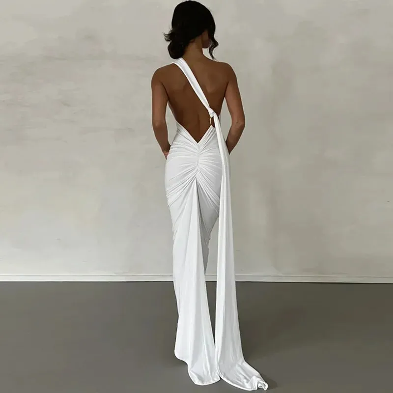Women's Oblique One Shoulder Backless Maxi Dress Summer Spring Gown Back Strap Sleeveless Ruched Party Sexy Long Dress