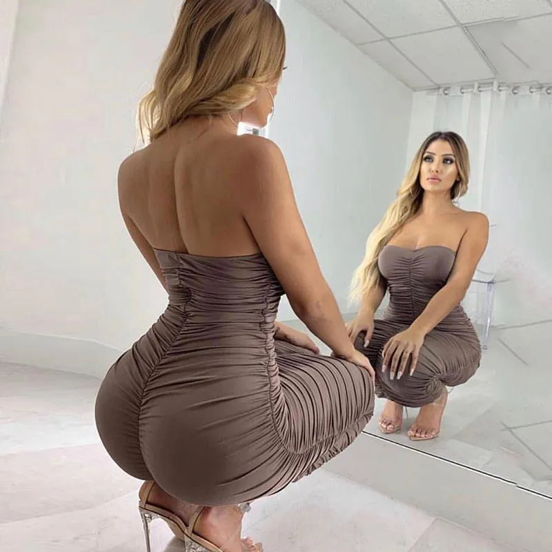 Women's Pleated Sexy Tube Top Bag Hip Dress
