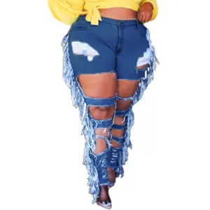 Women's Ripped Stylish Plus Size Pencil Pants Wash Fringed Jeans