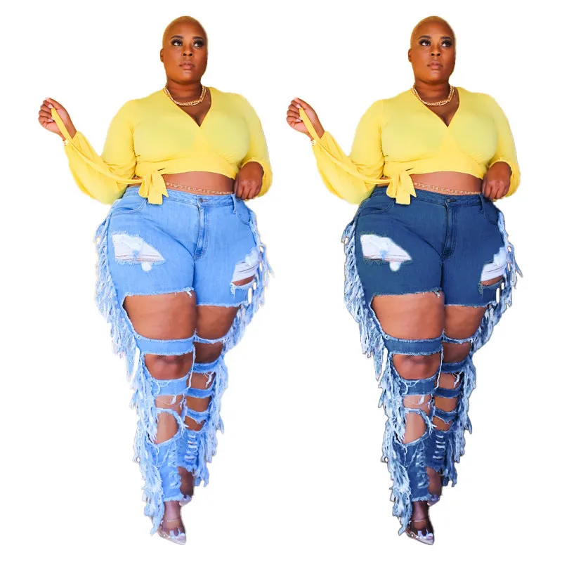 Women's Ripped Stylish Plus Size Pencil Pants Wash Fringed Jeans