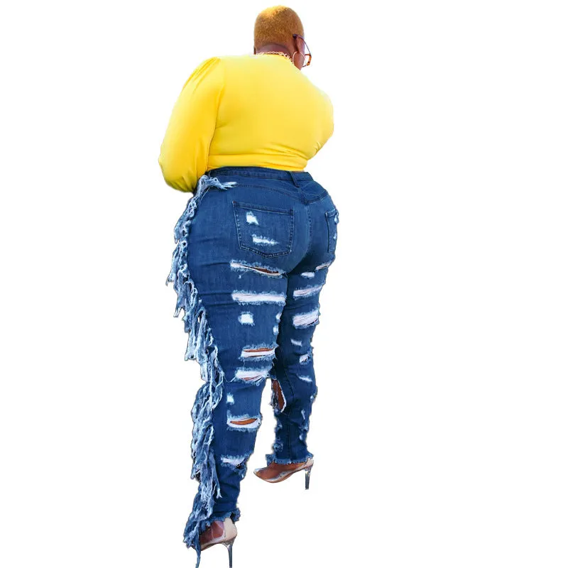 Women's Ripped Stylish Plus Size Pencil Pants Wash Fringed Jeans