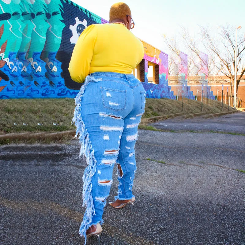 Women's Ripped Stylish Plus Size Pencil Pants Wash Fringed Jeans
