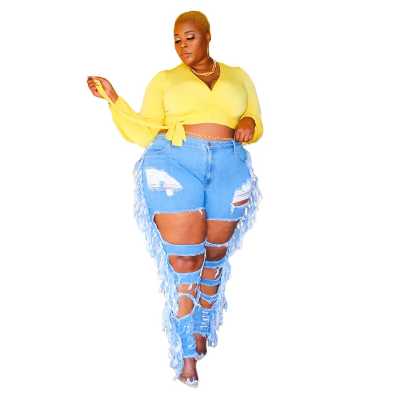 Women's Ripped Stylish Plus Size Pencil Pants Wash Fringed Jeans