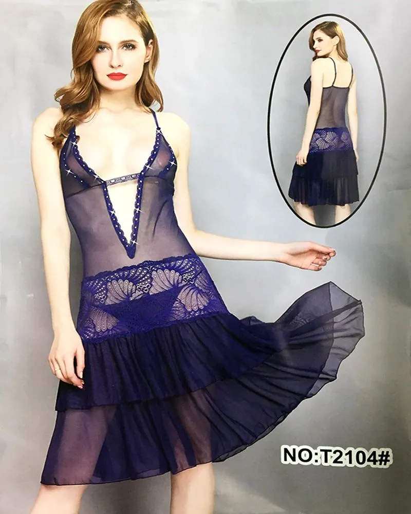 Women's Short Lace Lingerie Babydoll Sheer Gown Chemise Mesh Nightdress - T2104#