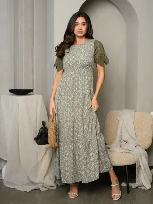 WOMEN'S SHORT LACE SLEEVE FLORAL MAXI DRESS