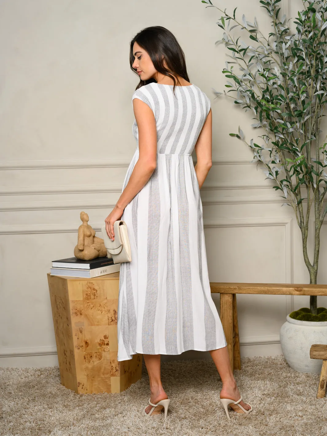 WOMEN'S SHORT SLEEVE STRIPED SMOCKED MAXI DRESS