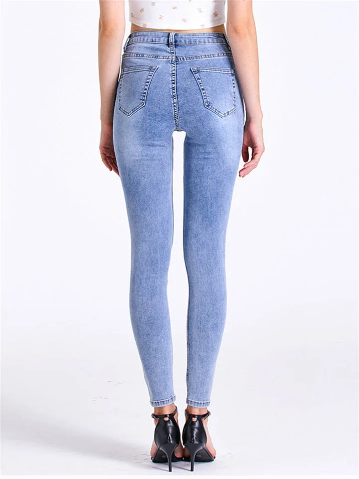 Women's Simple Style Daily Slim Fit Ripped Blue Jeans