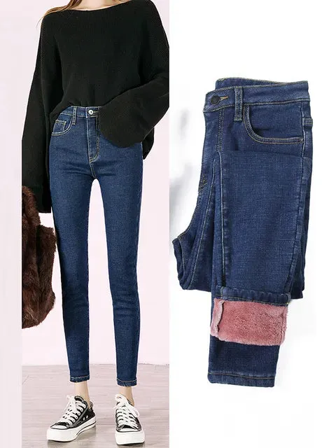 Women's Stretch Waist Pencil Thick Jeans