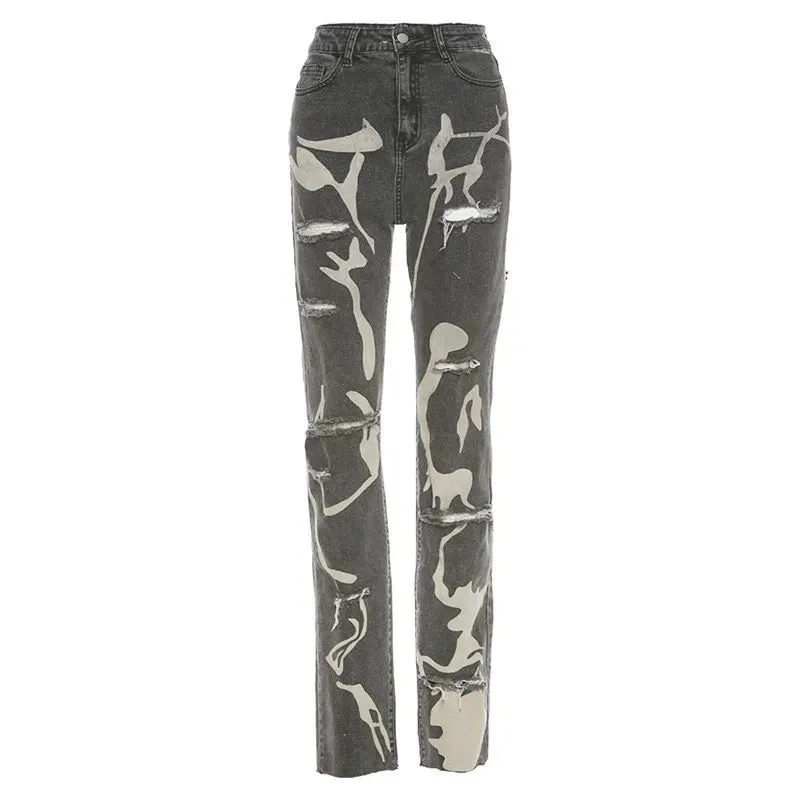 Women's Trendy Ripped Jeans with Holes and Splash Design | Perfect for Casual Days