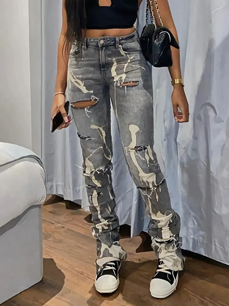 Women's Trendy Ripped Jeans with Holes and Splash Design | Perfect for Casual Days