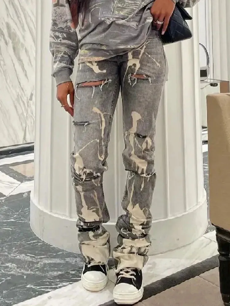 Women's Trendy Ripped Jeans with Holes and Splash Design | Perfect for Casual Days