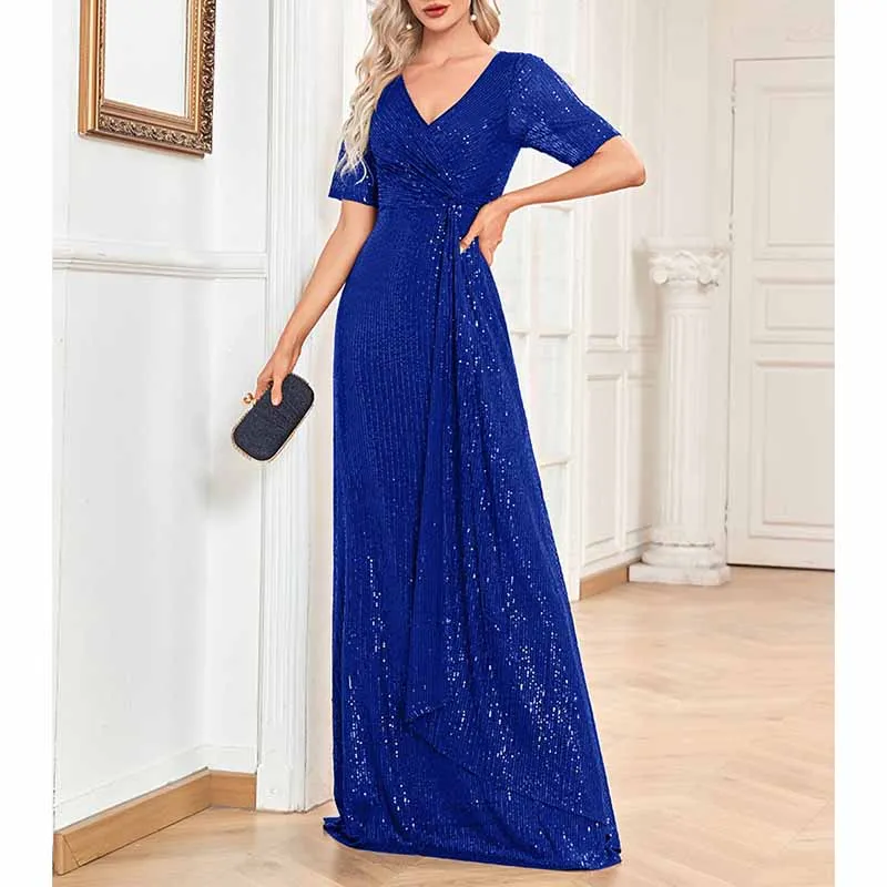 Womens V Neck Sequin Evening Formal Dress Short Sleeves Maxi Plus Size Prom Dress