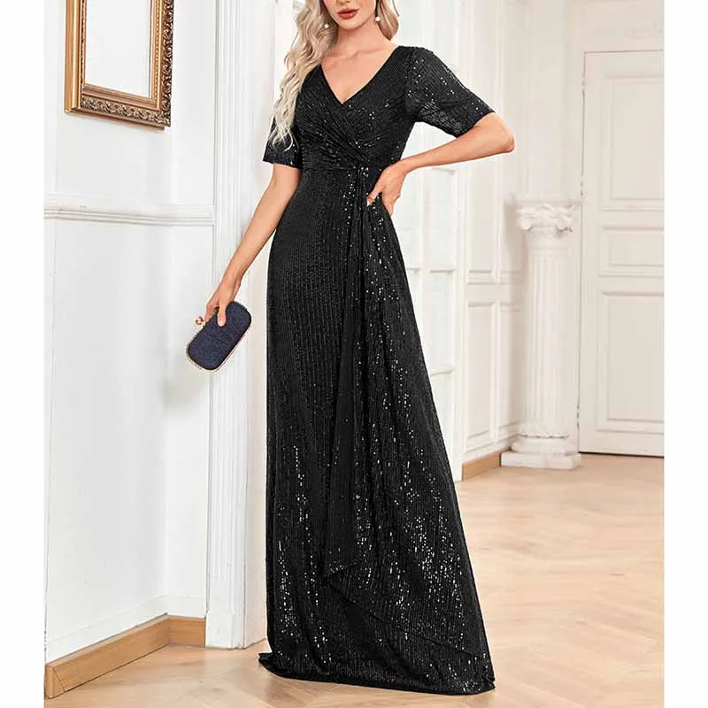 Womens V Neck Sequin Evening Formal Dress Short Sleeves Maxi Plus Size Prom Dress