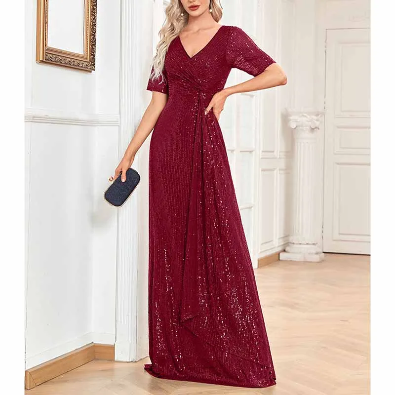 Womens V Neck Sequin Evening Formal Dress Short Sleeves Maxi Plus Size Prom Dress