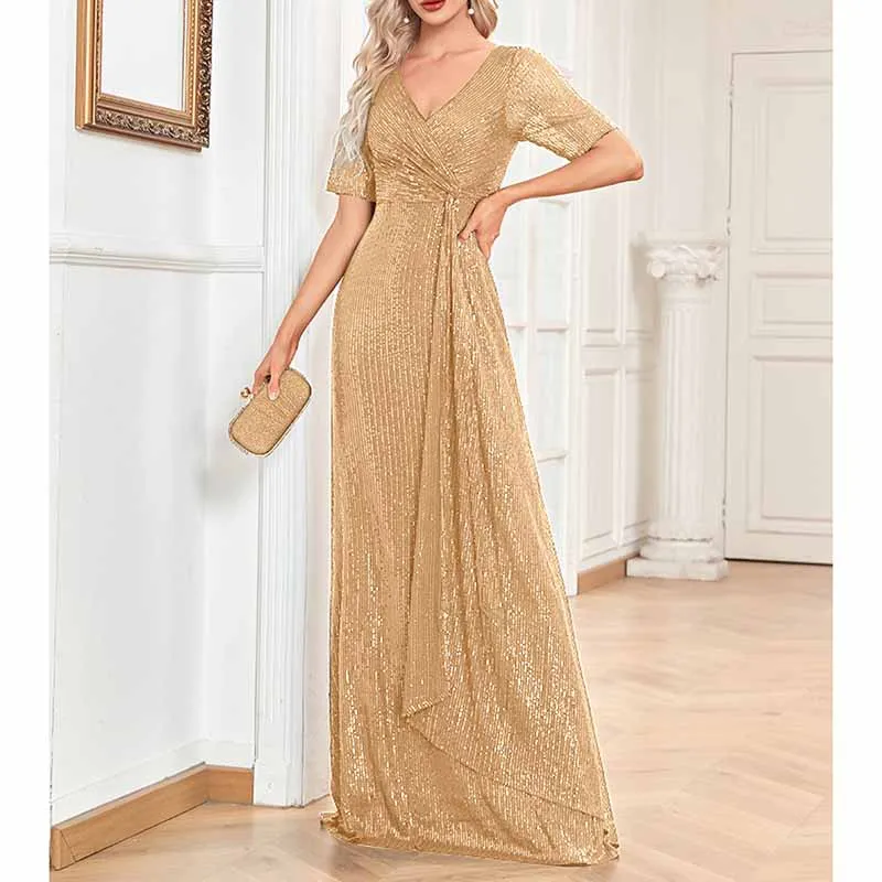 Womens V Neck Sequin Evening Formal Dress Short Sleeves Maxi Plus Size Prom Dress